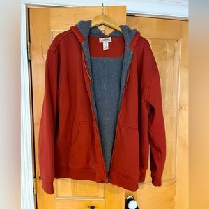 L.L.Bean zip sweatshirt, burnt orange, grey, fuzzy, thick, warm, great condition